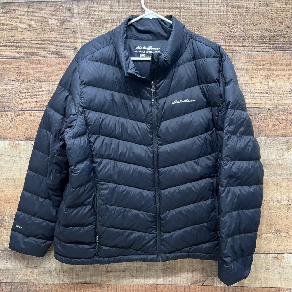 Eddie Bauer EB650 Down Packable Jacket Mens Black Zip Up Size XXL.